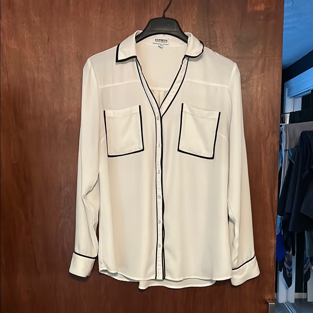 Express White Button-Up Blouse with Black Trim
